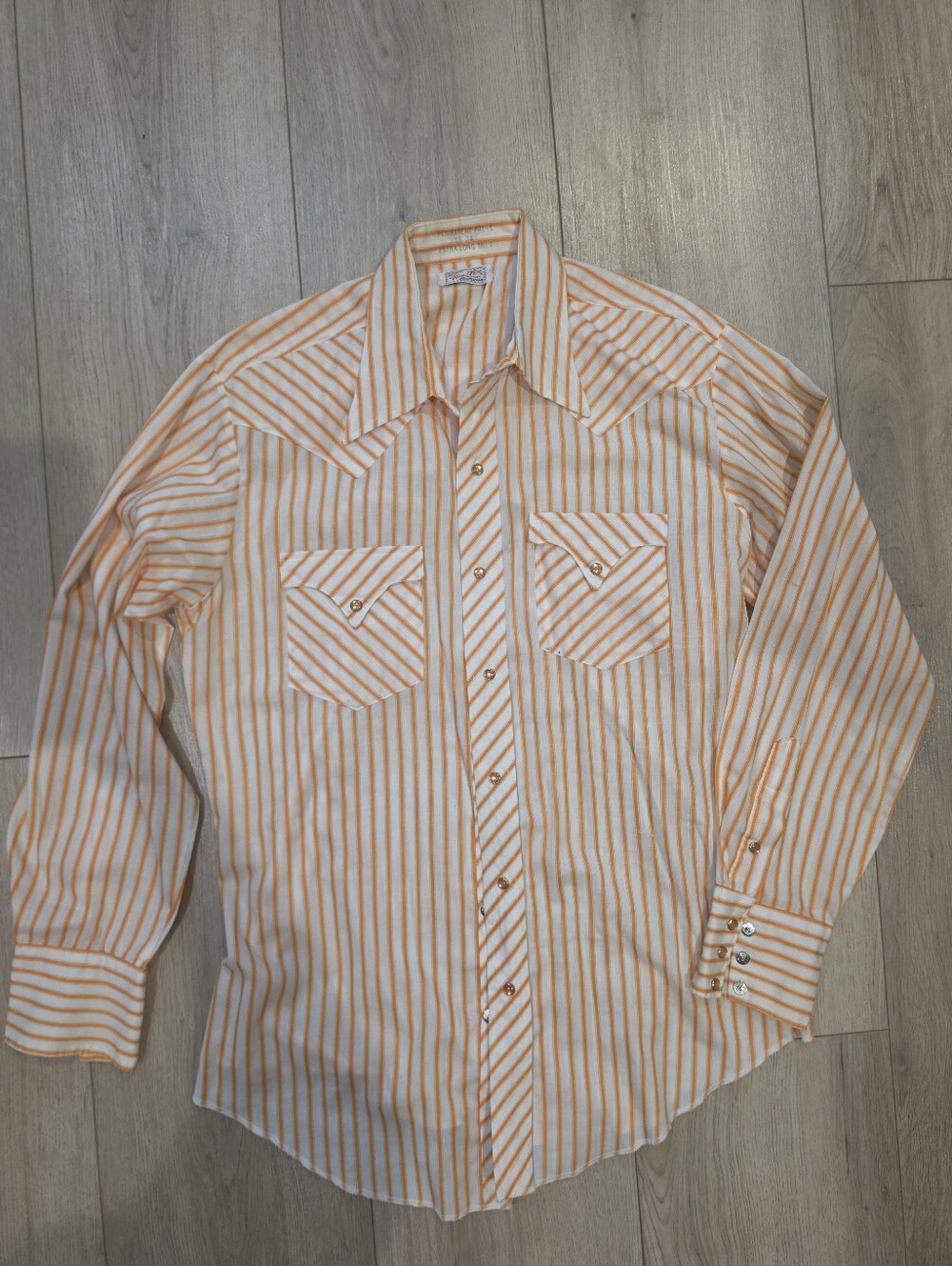 Vintage Tem-Tex Western Pearl Snap Shirt Orange White Stripe XL Tall 16-34